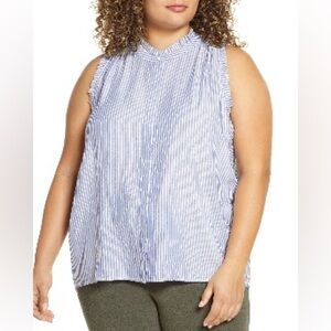 Gibson Ruffle Trim Front Button Sleeveless Top